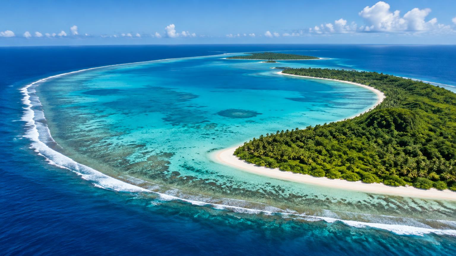 AI-generated editorial illustration of a coral atoll in the Indian Ocean, not a documentary photograph of Chagos.