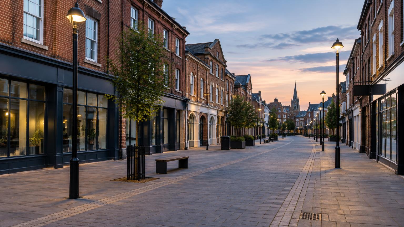 AI-generated editorial illustration of a quiet British urban street.
